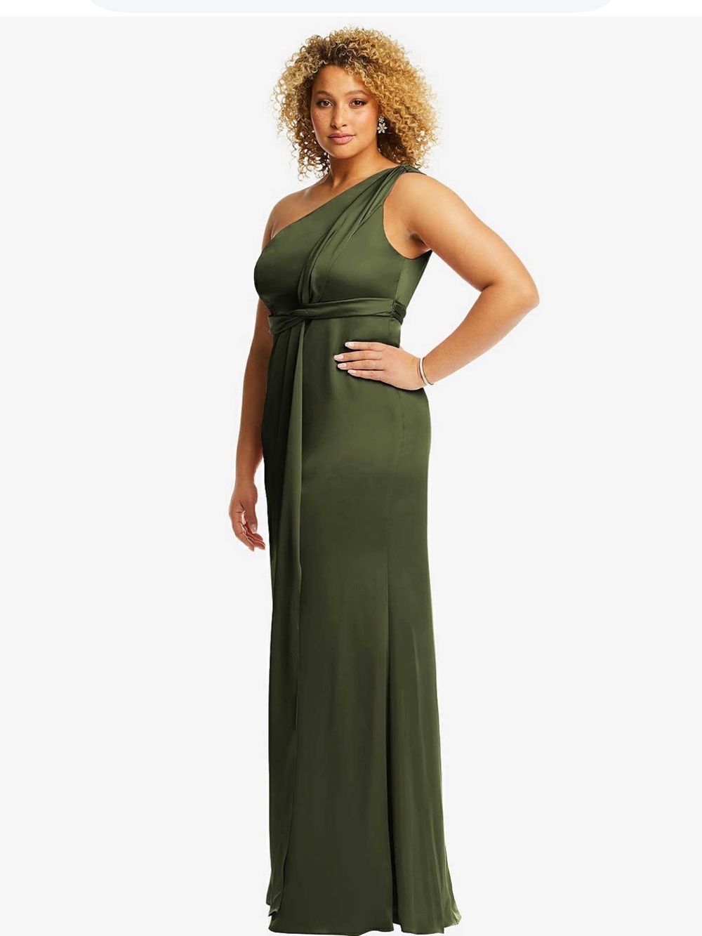 Dessy Collection One-Shoulder Olive Green Evening Gown